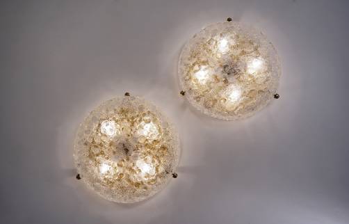Pair brass flush lights with glass shade by Hillebrand, 1970`s ca, German